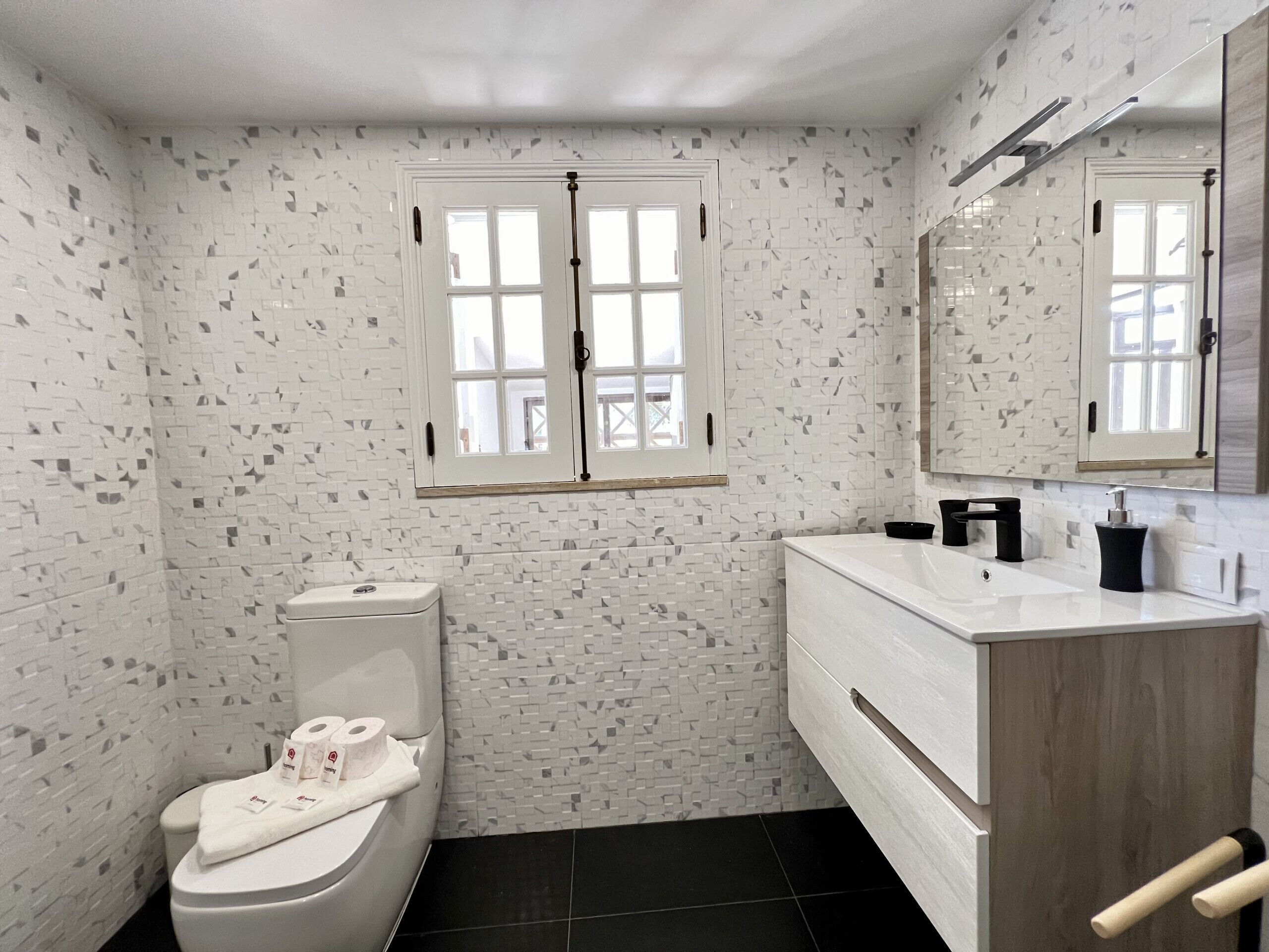Un baño con inodoro, lavamanos y espejo.