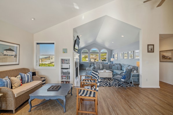 TV connectée, cheminée, lecteur de DVD, livres