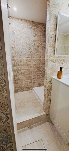 Shower, hair dryer, toilet paper