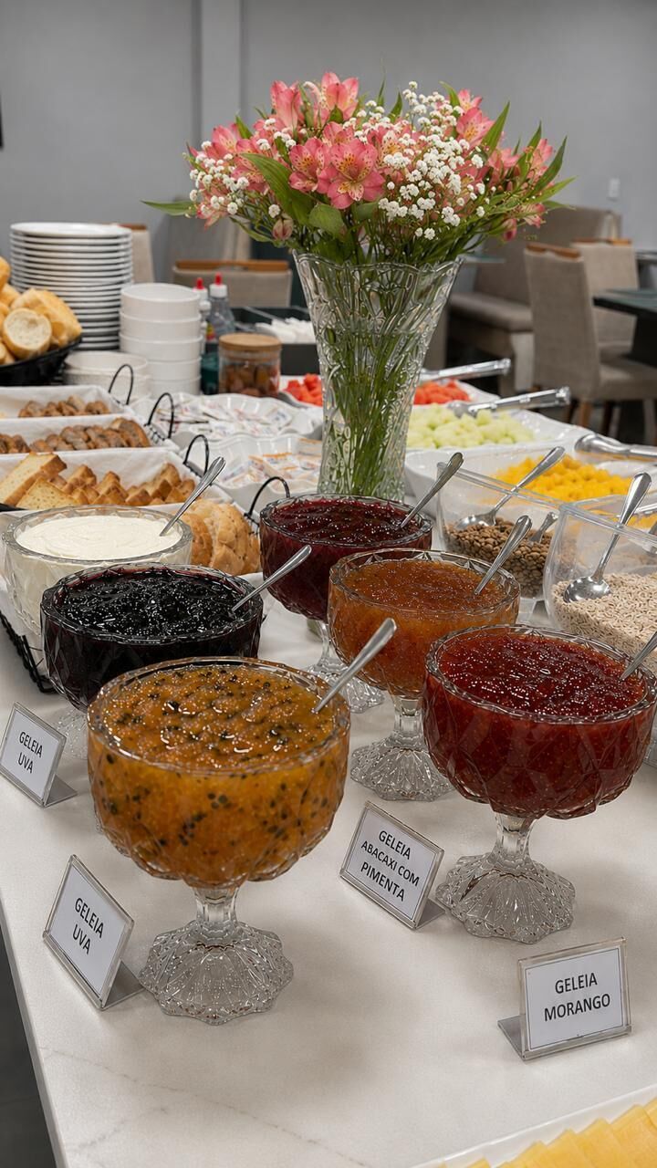 Une table de buffet garnie de différents plats et un vase rempli de fleurs.
