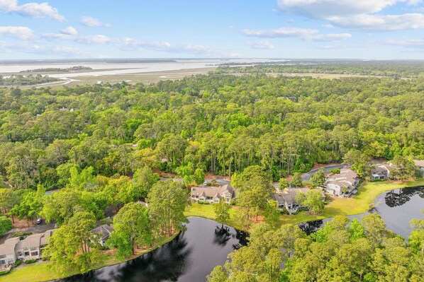 Zona residencial com casas rodeadas por vegetação densa e uma grande massa de água.