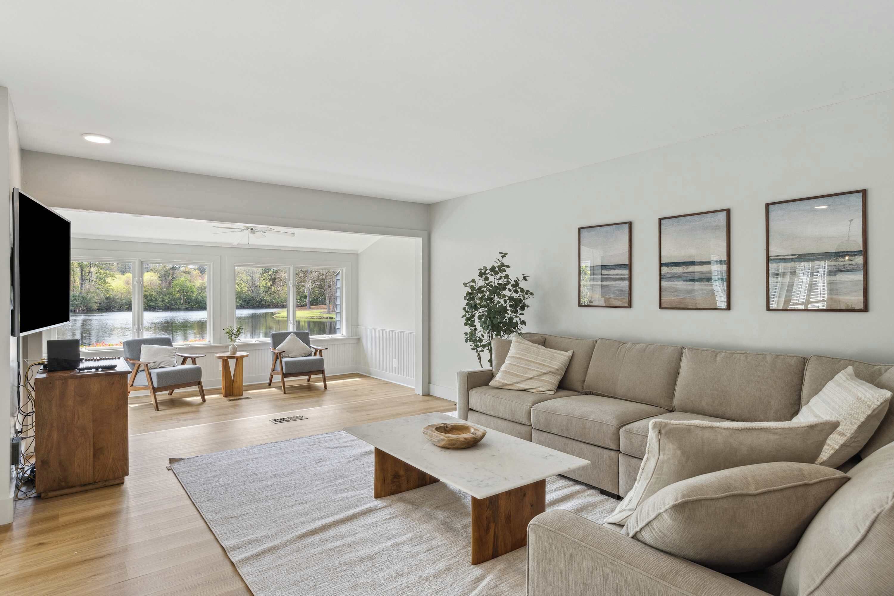 Curl up in the chic living room & stream your favorites on the smart TV