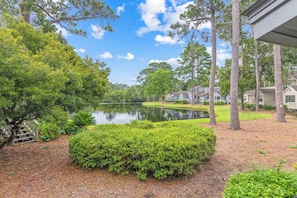 A residential area with a lake, surrounded by trees and houses. - Chic Stay for 6 Near Beach, Shops, & Golf Course! (Hilton Head Island)