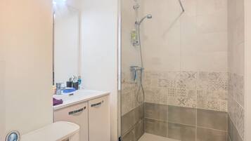 Shower, hair dryer, soap, toilet paper