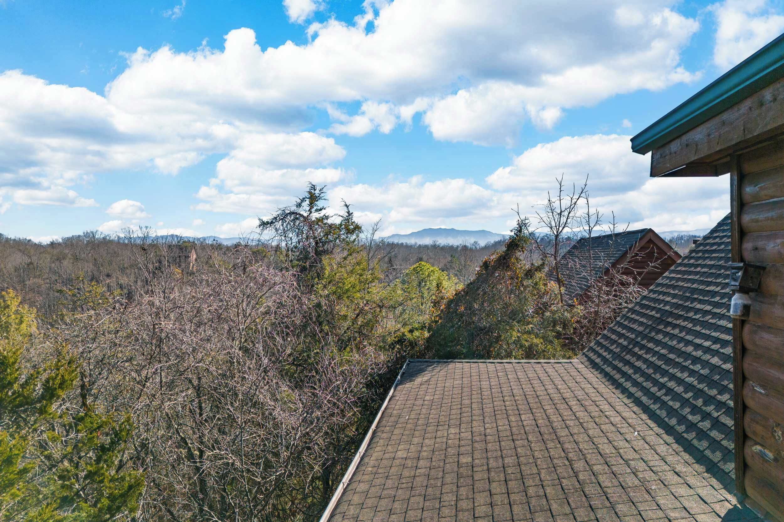 A log cabin with a tiled roof, surrounded by dense forest and mountains in the background.