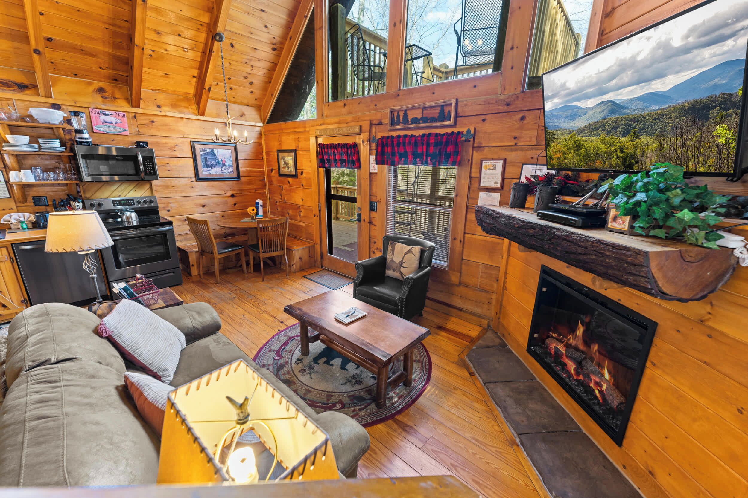 Televisión, chimenea, reproductor de DVD y oficina 