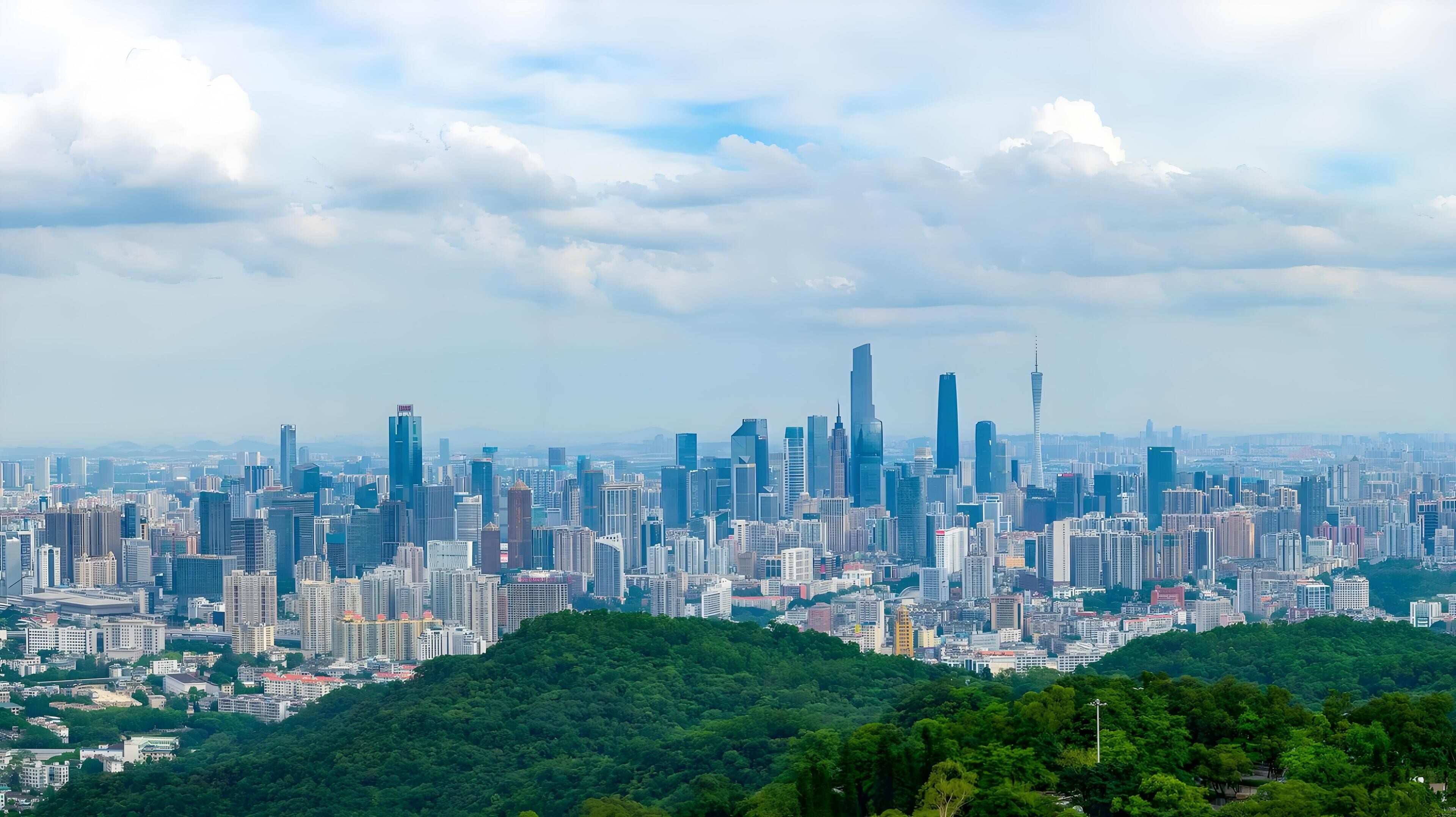 A cityscape with numerous high-rise buildings, a prominent tower, and a lush green hill in the foreground.