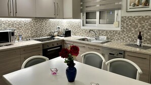 A modern kitchen with a white countertop, stainless steel appliances, and a vase with red roses on the table. - Luxurious Apartment with a sea view balcony in the N.Rhodes Yachting Marina Area (Rhodes)