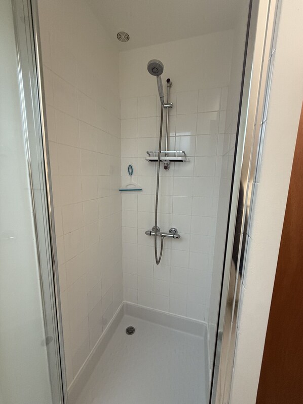 A small, enclosed shower area with a glass door, a handheld showerhead, and a wall-mounted faucet.