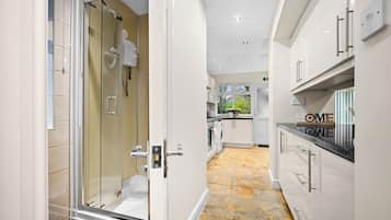 Shower, towels, soap, toilet paper
