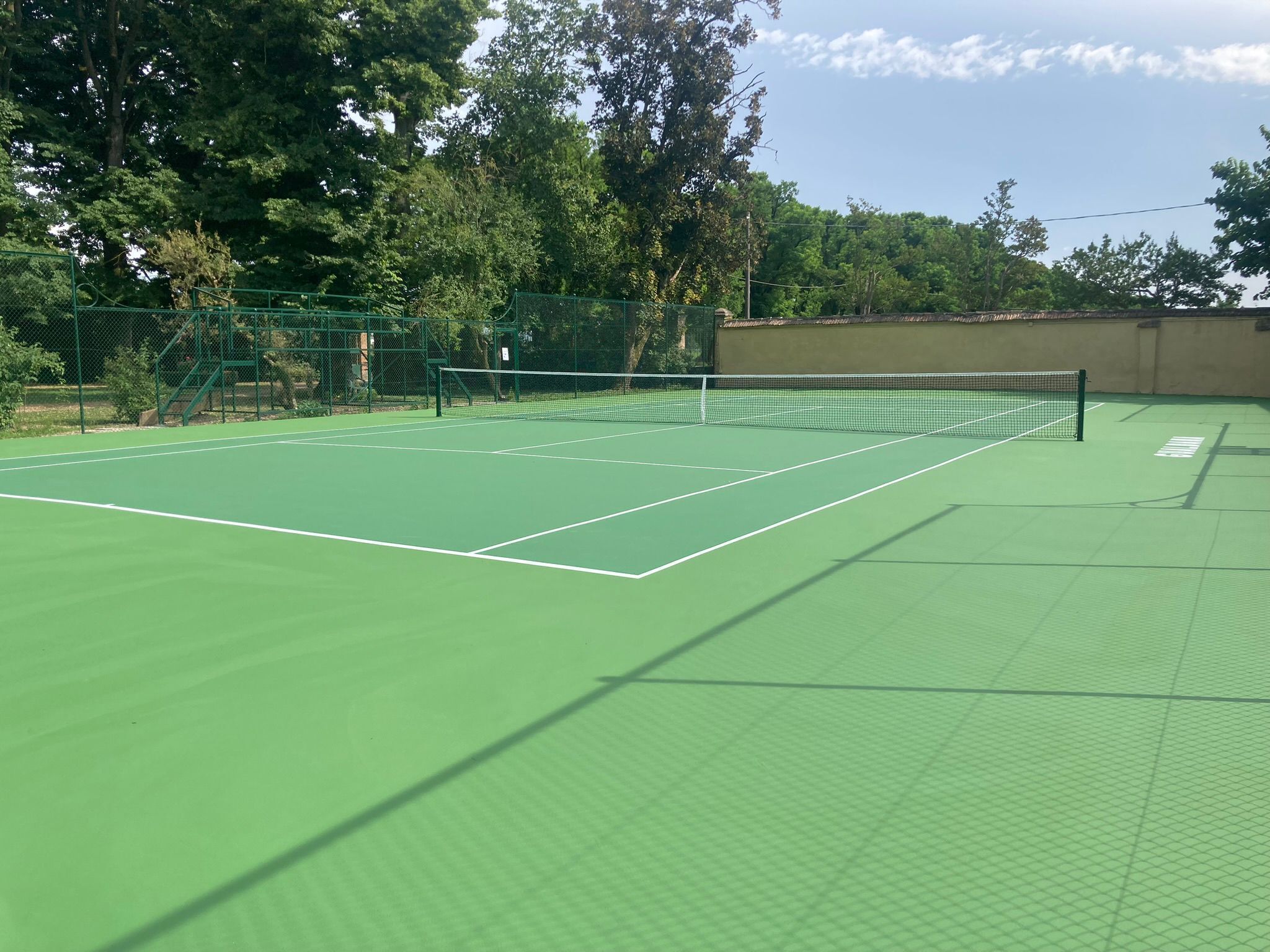 Una cancha de tenis con superficie verde, rodeada de árboles y una valla.