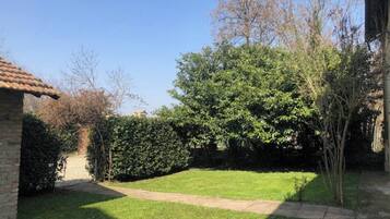 A well-maintained garden with a paved path, a hedge, and a large tree providing shade.