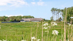 A thatched-roof house with a white exterior, surrounded by a green field and trees. - 4 Star Holiday Home in Laeso (Læsø)