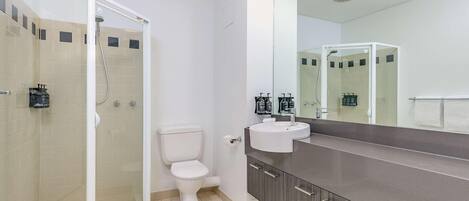 A modern bathroom with a glass shower enclosure, a toilet, a sink, and a large mirror.