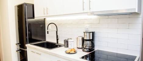 Fridge, microwave, coffee/tea maker, electric kettle