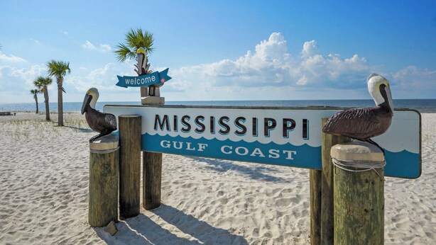 Een houten bord met daarop 'MISSISSIPPI GULF COAST', omringd door twee pelikanen.