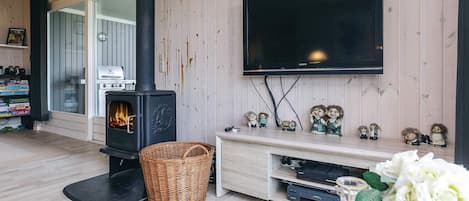 A living room with a wood-burning stove, a flat-screen TV, and a shelf with decorative items.