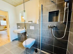 Douche, sèche-cheveux, serviettes fournies, savon