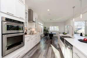 Fridge, microwave, oven, stovetop - Stylish Surrey Park Home w/ Pool, Fire Pit, Gourmet Kitchen, Outdoor Grill + Bar (Indianapolis)