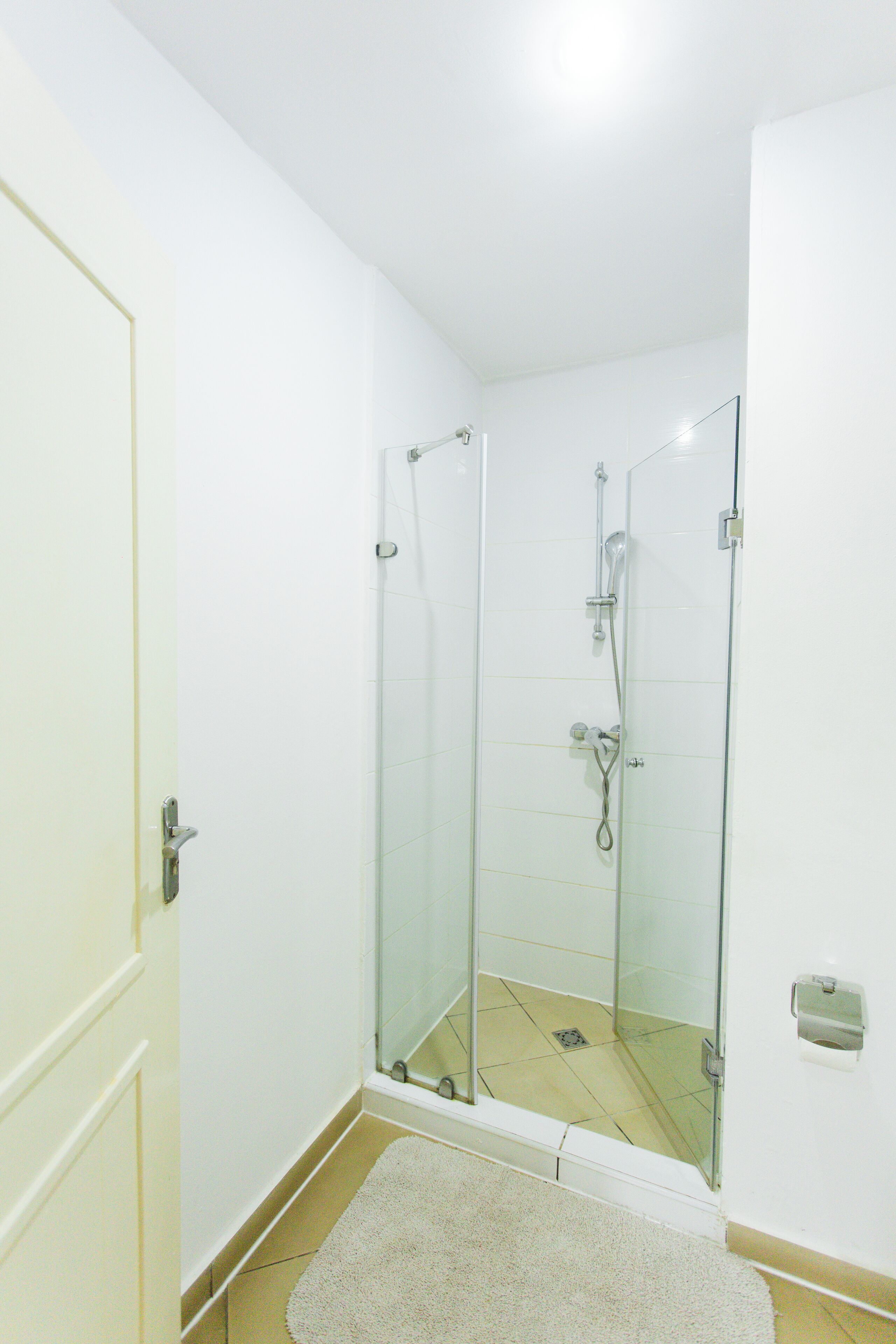 A glass-enclosed shower area with a white door and a small rug on the floor.