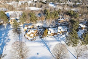 Zona residencial amb diverses cases envoltades de terra i arbres coberts de neu.