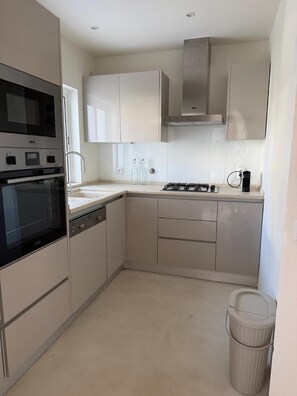 Cocina compacta con horno integrado, lavavajillas, pileta y extractor de acero inoxidable.