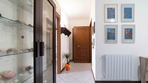 A hallway with a glass display case of seashells, a wooden door, and framed artwork on the wall. - Casa Wanda Appartamento il Mirto (Oristano)