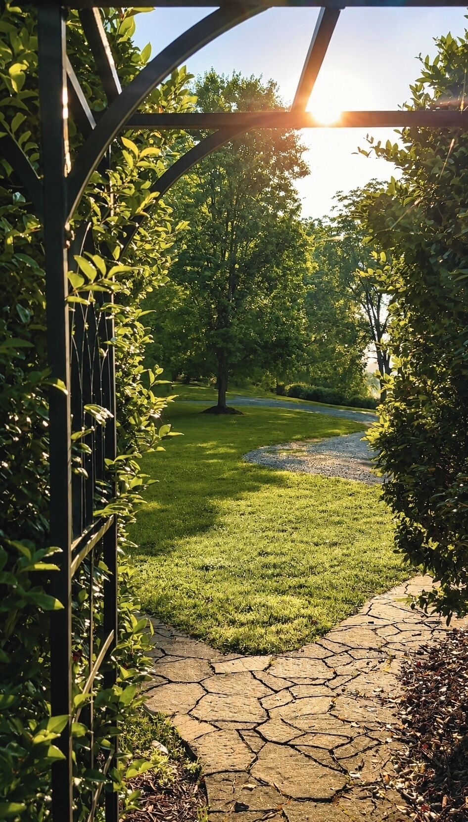 A garden pathway with a metal archway, surrounded by greenery and a clear sky.