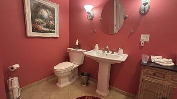 A bathroom with a toilet, sink, and cabinet.