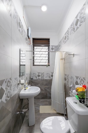 Shower, hair dryer, towels, soap