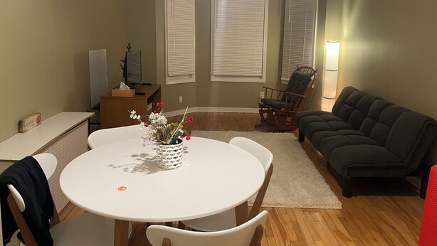A dining area with a round table, chairs, a vase with flowers, a wooden sideboard, a television, and a dark-colored sofa. - Monthly rental - 1-BDR apt, ALL included (hot water, hydro and heating). (Ottawa)