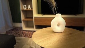 A round wooden table with a white vase containing a feather, a black couch, a TV, and a bookshelf with the letters "GA" visible.