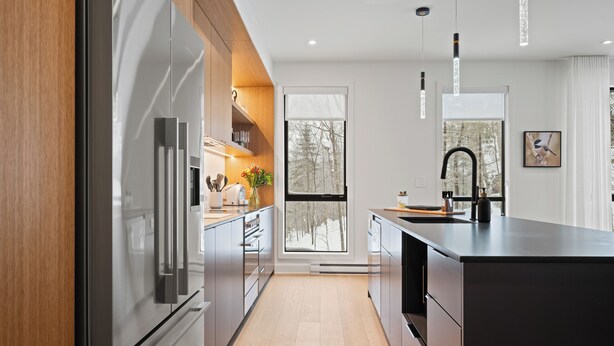 A modern kitchen with a large island, stainless steel appliances, and a view of the outdoors. - Ostrya 203 Ski-in/Ski-Out, Steps from the Slopes! (Mont-Tremblant)