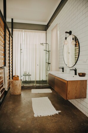 Hair dryer, bidet, towels, soap