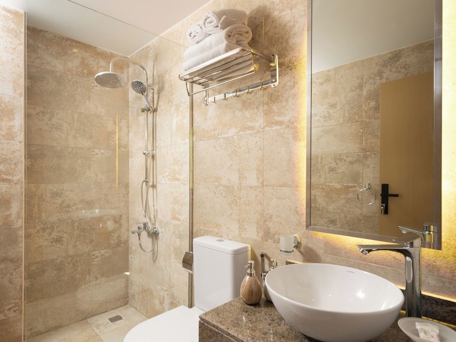 A modern bathroom with a walk-in shower, a toilet, a sink, and a large mirror.