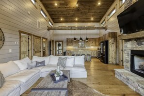 TV, fireplace, offices - Modern Rustic Cabin | Sweeping Views & Hot Tub (Blue Ridge Mountains)