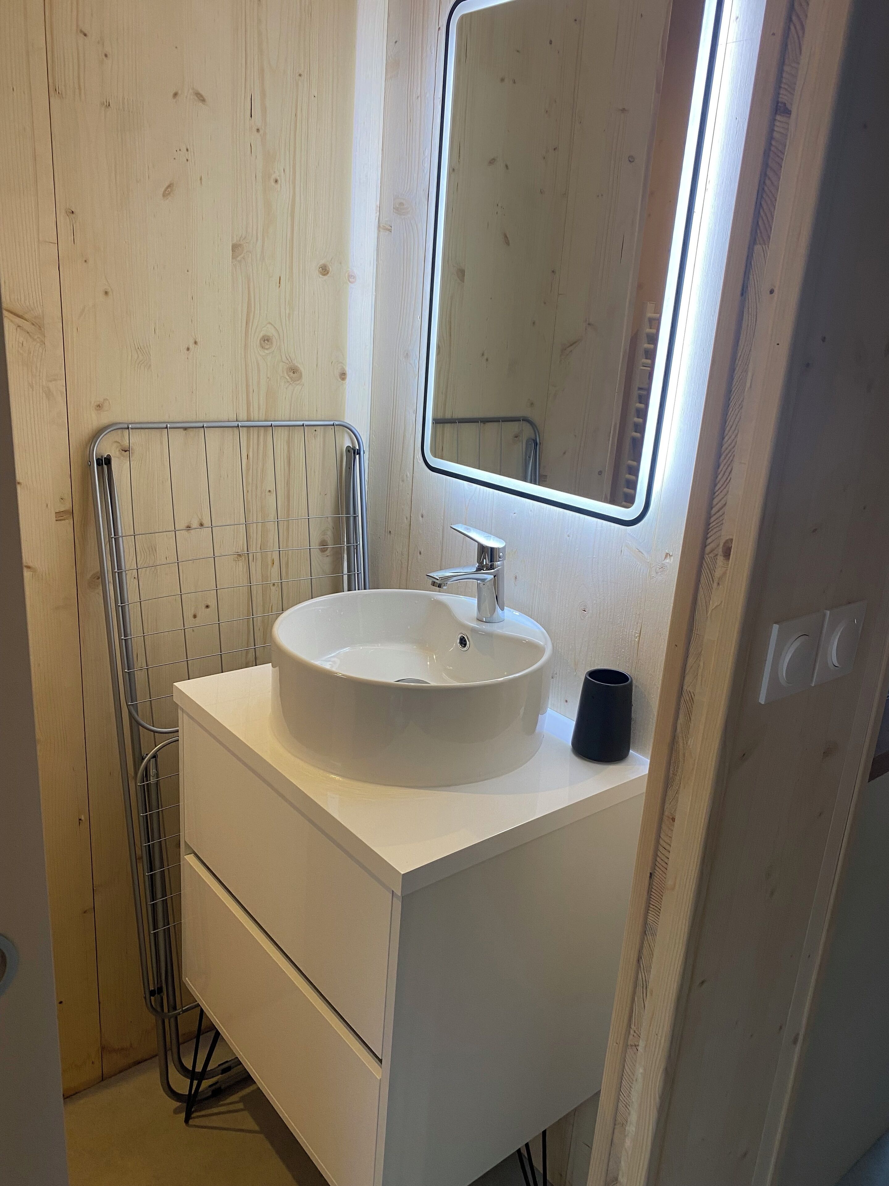 Hair dryer, towels, soap, toilet paper