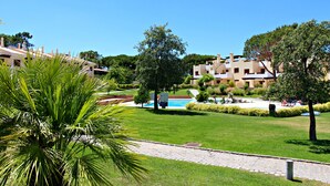 Un resort con piscina, palmeras y un camino pavimentado.