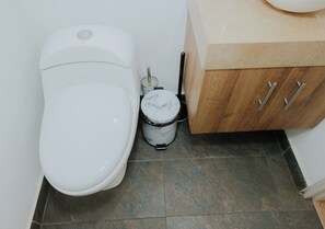 Hair dryer, towels, soap, toilet paper