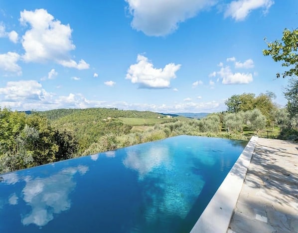 A clear blue swimming pool with a view of green hills and a partly cloudy sky.