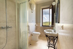 Hair dryer, towels, soap, toilet paper