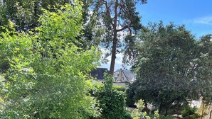 A garden patio with a stone wall, a wooden fence, and a variety of plants. - Jeanne's apartment. 500 from the castle, in a quiet, green setting (Chinon)