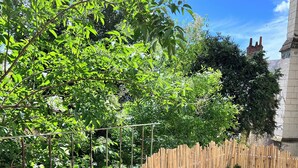 A garden with a bamboo fence, a concrete wall, and a potted plant. - Jeanne's apartment. 500 from the castle, in a quiet, green setting (Chinon)