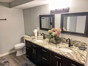 Hair dryer, towels, soap, toilet paper