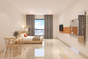 A modern hotel room with a bed, a desk, a chair, a TV, and a large window with a city view.