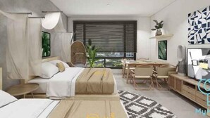 A modern hotel room with a bed, a desk, a chair, a TV, and a view of the city. - Mossaz Suites by MyKey (Petaling Jaya)