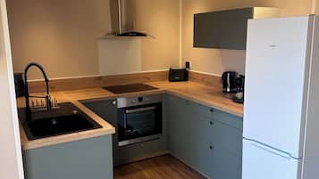 Een microgolfoven, een oven, een kookplaat, een vaatwasser