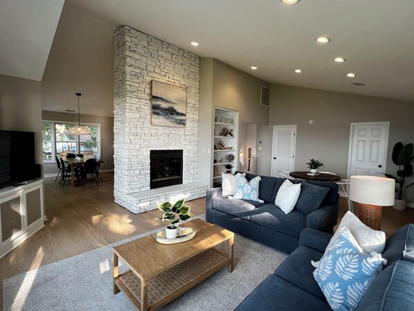 Smart TV, fireplace, books
