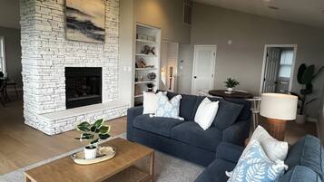 Smart TV, fireplace, books