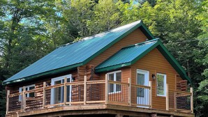Eine Blockhütte mit Holzterrasse und einem grünen Dach, umgeben von Bäumen.